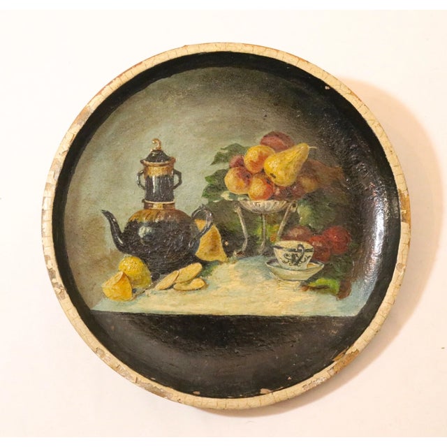 1920s Antique Hand Painted Folk Art Still Life Oil Painting on Stoneware Pottery Lid For Sale - Image 5 of 11