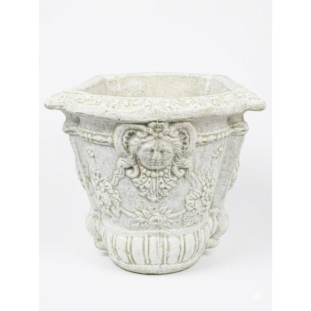 Traditional Vintage Italian Style White-Washed Garden Planter With Cherub & Fruit Swags For Sale - Image 3 of 10