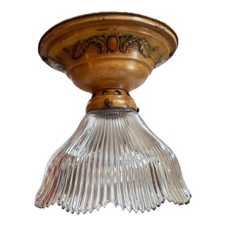 1920s Original Painted Brass Flusmount Holder With Scallop Pattern Holophane Shade For Sale