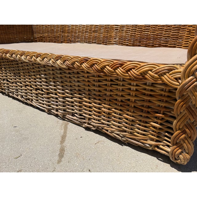 Vintage 72” Handwoven Rattan Sofas With Large Braid Trim, Pair For Sale - Image 13 of 17