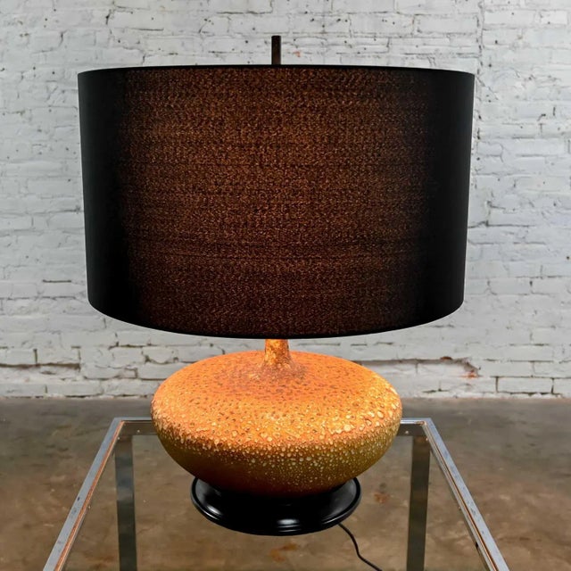 Mid Century Modern Lava Glazed Large Scale Squatty Table Lamp With Faux Silk Drum Shade For Sale - Image 6 of 13