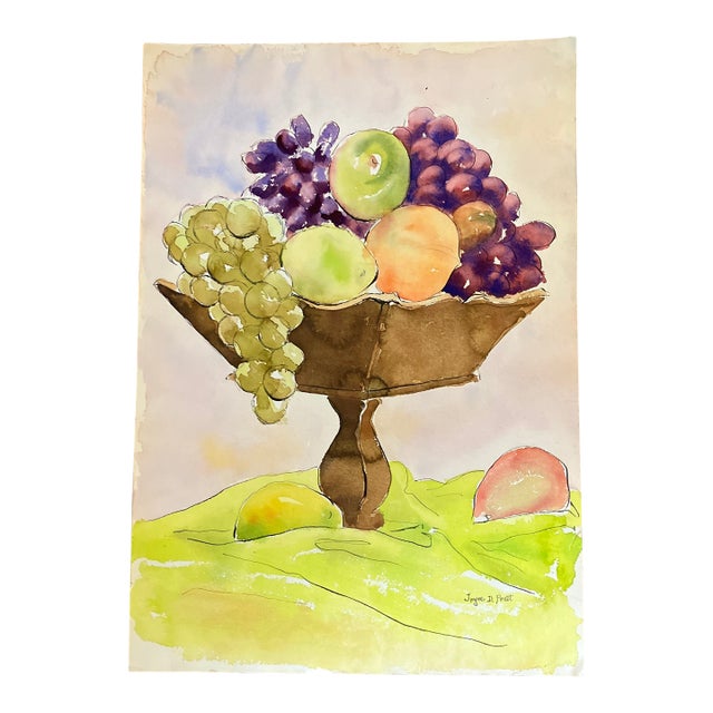 1980’s Original Modernist Still Life With Fruit Watercolor Painting Signed For Sale