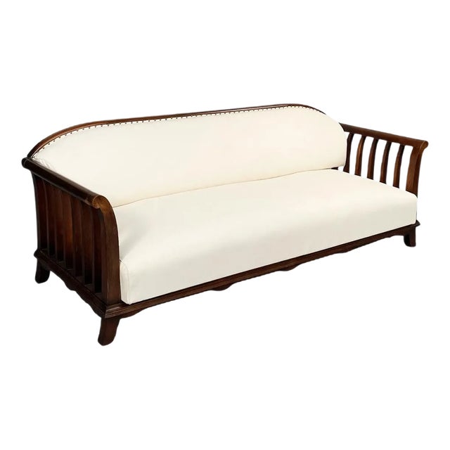 Italian Modern Wooden Sofa with White Fabric, 1940s For Sale