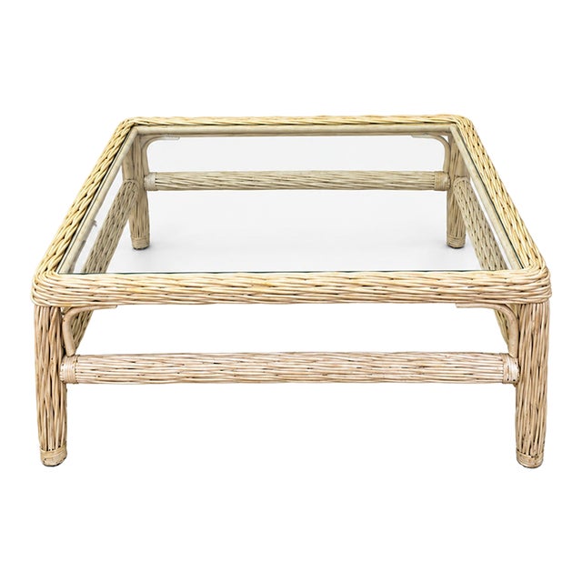 Late 20th Century Coastal Wicker and Rattan Square Glass-Top Coffee Table For Sale