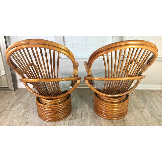 Vintage Paul Frankl Style Bamboo Rattan Swivel Chairs - Set of 2 For Sale - Image 4 of 7