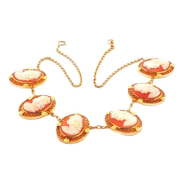 Mid 20th Century 14k Yellow Gold Six Shell Cameo Filigree 15.5" Necklace For Sale