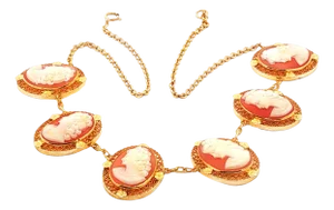 Mid 20th Century 14k Yellow Gold Six Shell Cameo Filigree 15.5" Necklace