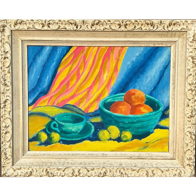 Beautiful impressionist still life of oranges lemons and a blue cup and bowl. Beautiful bright colors. In original shabby...