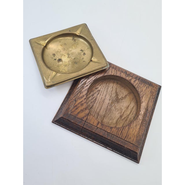 Vintage Brass Ashtray with Oak Base from Meubelfabriek Oisterwijk, Netherlands, 1970s For Sale - Image 4 of 9