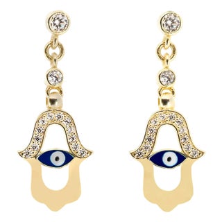 Blue Enamel Evil Eye Gold Plated Hamsa Earrings, A Pair For Sale