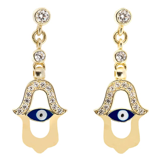Blue Enamel Evil Eye Gold Plated Hamsa Earrings, A Pair For Sale