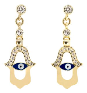 Blue Enamel Evil Eye Gold Plated Hamsa Earrings, A Pair