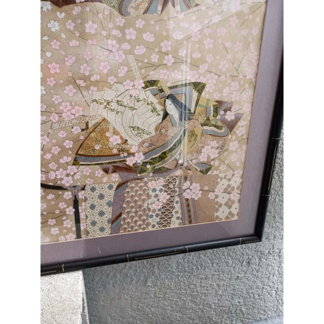 Paper 1960s Japanese Yuzen Paper Art Panel - Court Princesses & Cherry Blossoms For Sale - Image 7 of 9