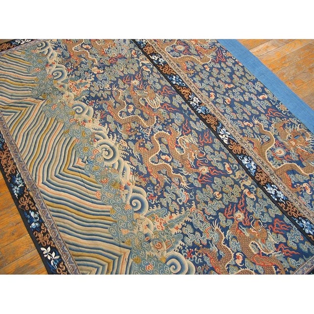 Antique Early 19th Century Blue Chinese Cloud Band Dragon Design Silk Textile For Sale - Image 4 of 9