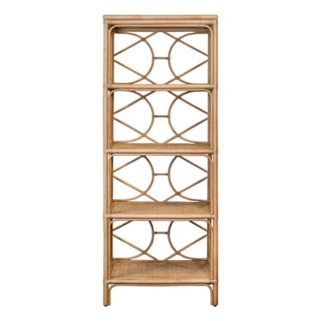 Matthew Izzo Home Danielle Natural Rattan Four Shelf Etagere With Decorative Back For Sale