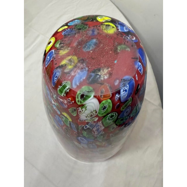 Red Tall Vintage Murano Italian Hand Blown Red Millefiori Art Glass Vase Sculpture For Sale - Image 8 of 11