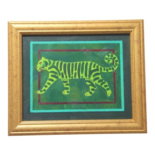 Tiger Minimalism Folk Art Pop Art Green Original Oil Painting by Cleo Plowden For Sale
