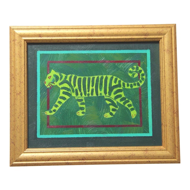 Tiger Minimalism Folk Art Pop Art Green Original Oil Painting by Cleo Plowden For Sale