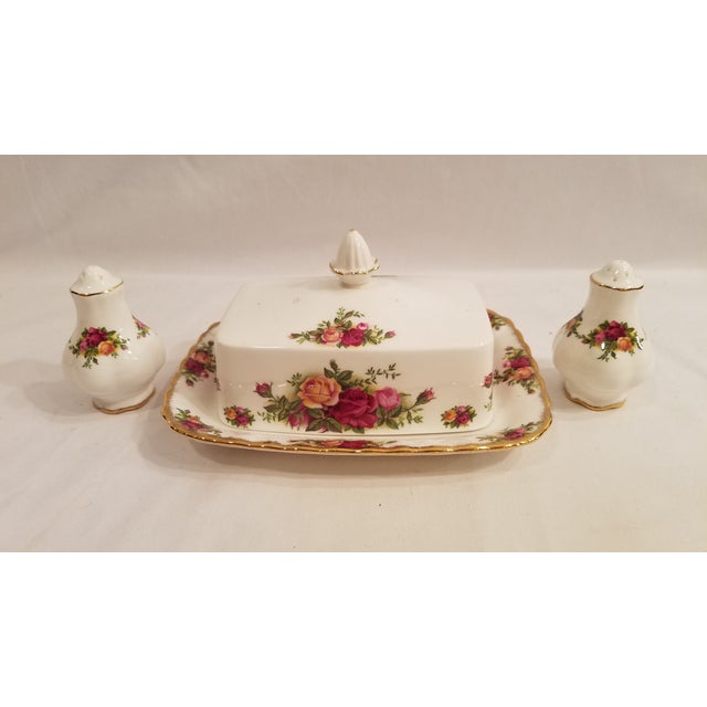 Royal Albert Old Country Roses Covered Butter Dish With Salt and Pepper