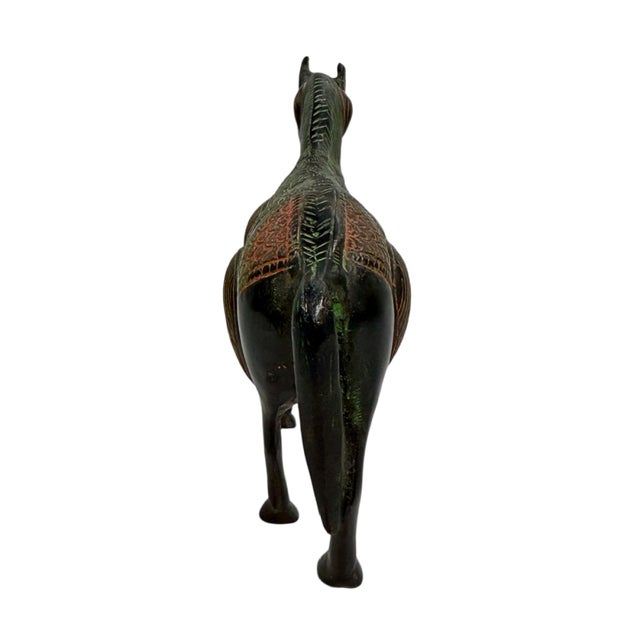 Vintage Mid-Century Indian Hand-Cast Brass Horse Figurine With Etched Verdigris Details For Sale - Image 4 of 5