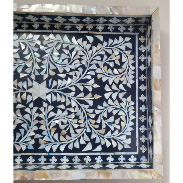 Early 21st Century Mother of Pearl Inlay Tray Jodhpur India White Midnight Blue For Sale - Image 5 of 11