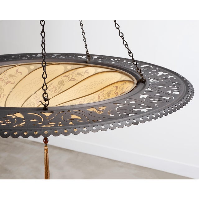 Art Nouveau Fortuny Scudo Saraceno Venetian Bronze Silk Lamp Chandelier For Sale - Image 12 of 18