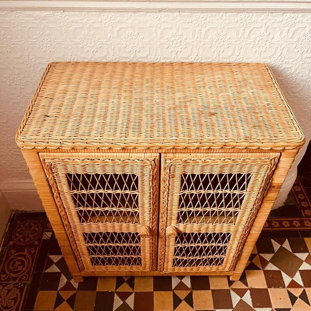 Wood Vintage Wicker Shelved 2-Door Cupboard For Sale - Image 7 of 14