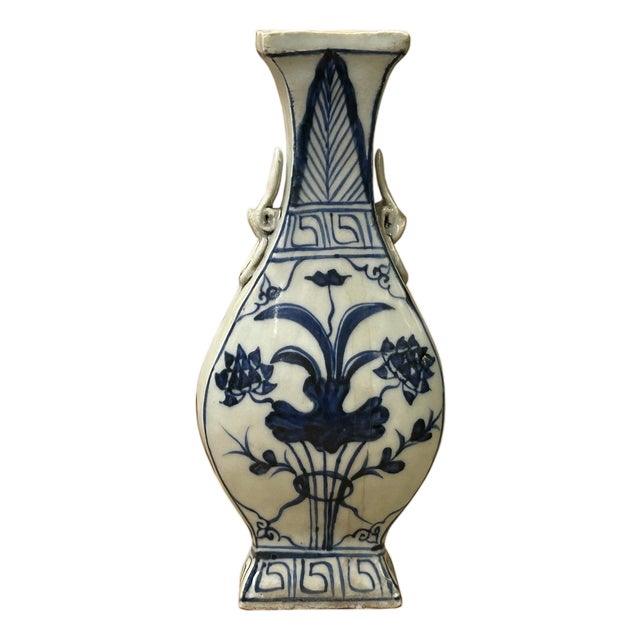 Small Distressed Finish Pear Shape Blue White Graphic Porcelain Vase For Sale