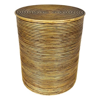Vintage Pencil Reed Rattan Drum Side Table Hamper For Sale