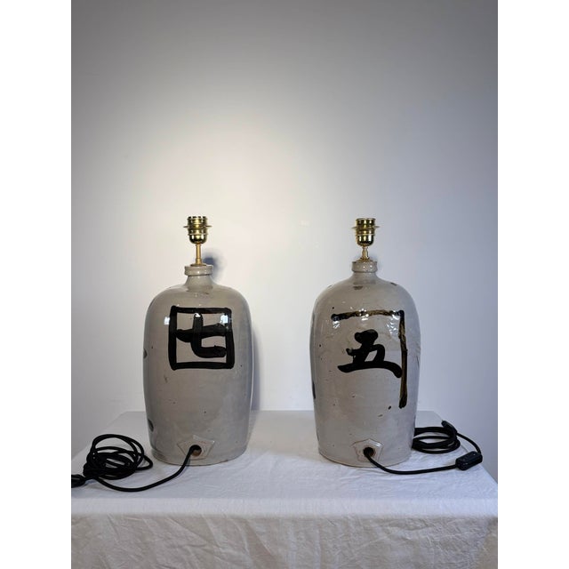 Japanese Sake Jar Lamps in Glazed Stoneware, 1920s, Set of 2 For Sale - Image 6 of 15
