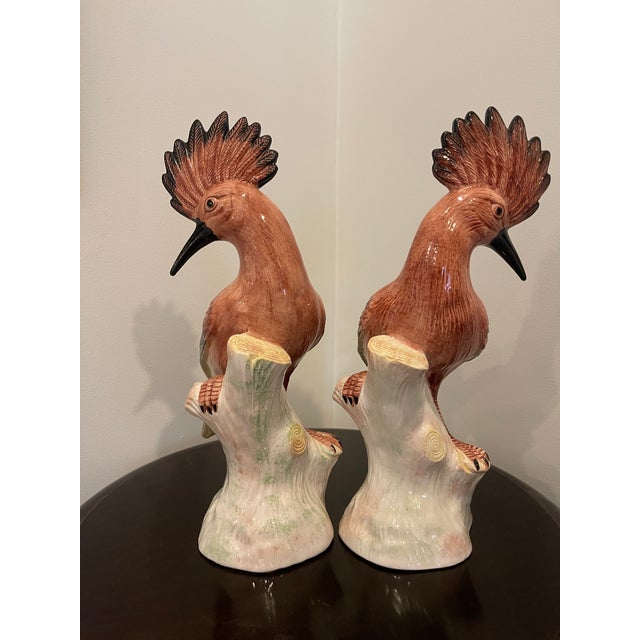 A striking pair of Italian Mid-Century porcelain Hoopoe birds by Eximious, featuring beautifully hand-painted detailing,...