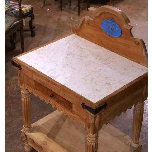 French Mid-Century French Beech Butcher’s Block With Marble Top and Agricultural Plaque For Sale - Image 3 of 12