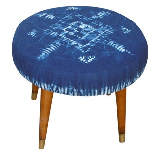 Mid Century Stool with Hand-Dyed Indigo Shibori For Sale