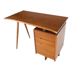 George Nakashima Turned Wood Dowel Shape Leg Single Pedestal Small Desk