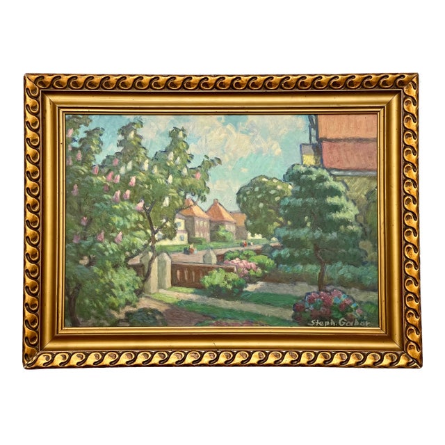 Mid 20th Century Vintage Oil Painting Impressionist City Garden. Signed, Framed. For Sale