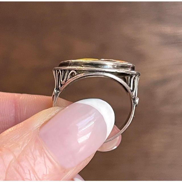 Orange 1910s Enamel Still Life Silver Ring Size 7.5 For Sale - Image 8 of 11