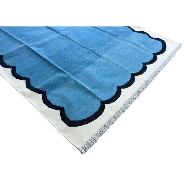 Textile Handmade Cotton Area Vegetable Dyed Rug, Teal Blue, Black and Cream Scalloped Dhurrie - 6'x9' For Sale - Image 7 of 7