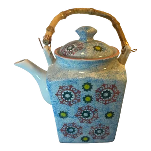 Late 20th Century Miyabi Yokohama Ceramic Teapot With Bamboo Handle Attached by Copper Wire & Tea Strainer