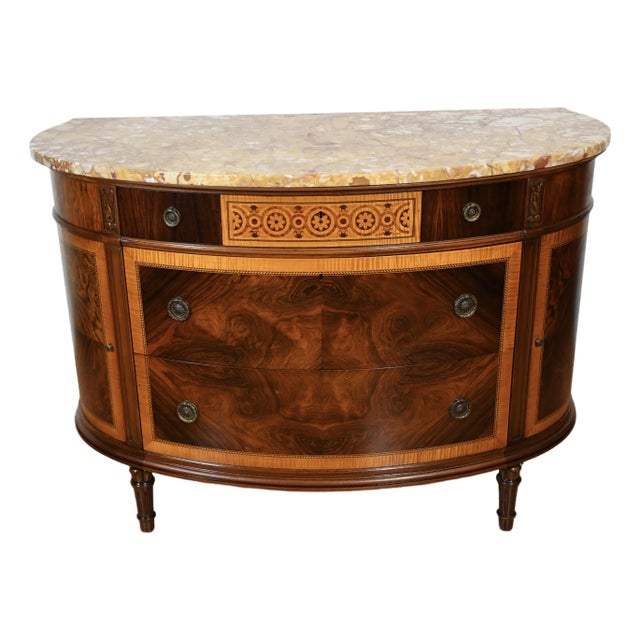 1900s Antique French Louis XVI Rosewood & Satinwood Inlaid Marble Top Demi-Lune For Sale