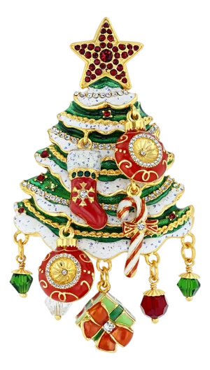 Ritzy Couture DeLuxe Christmas Tree Charm Brooch 22k Gold Plated Statement Pin