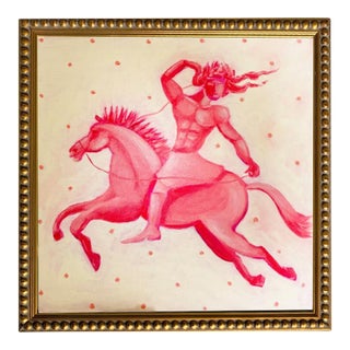 Original Red Mythological Warrior on Horse Painting by Tatiana Duperault, 12" Square, Gold Framed For Sale