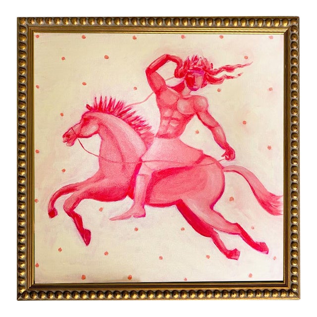 Original Red Mythological Warrior on Horse Painting by Tatiana Duperault, 12" Square, Gold Framed For Sale