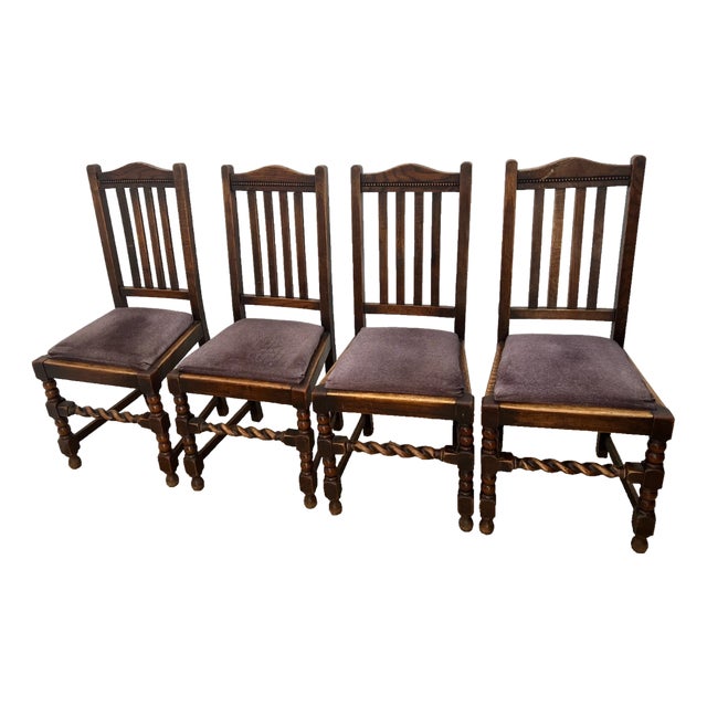 Antique Chairs Set of Four, Barley Twist Accent, Solid Oak, Lavender Seats For Sale