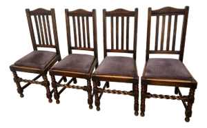 Antique Chairs Set of Four, Barley Twist Accent, Solid Oak, Lavender Seats