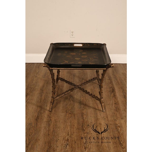 Tole Painted Tray Top Coffee Table With Gilt Metal Base For Sale - Image 9 of 17