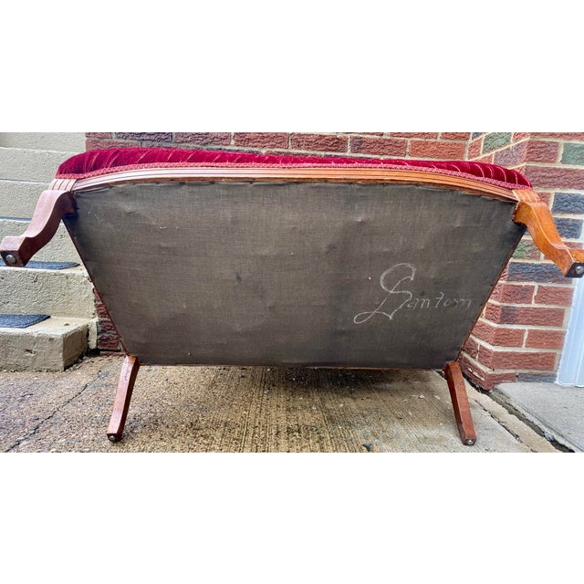 Vintage Victorian-Style Wine Red Velvet Loveseat For Sale - Image 17 of 17