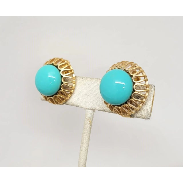 Turquoise Vintage 1960s Signed Napier Round Goldtone Cabochon Faux-Turquoise Clip Earrings - 2 Pieces For Sale - Image 8 of 8