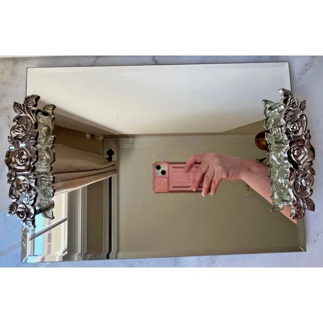 Metal Vintage Vanity Tray Features a Beveled Mirror Surface With Detailed Floral Rose Trim on the Handles For Sale - Image 7 of 14