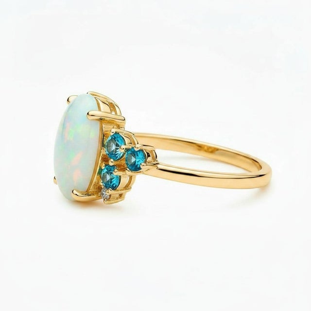 Modern White Opal Multicolor Ring in 14k Gold, Size 7.5 For Sale - Image 3 of 9