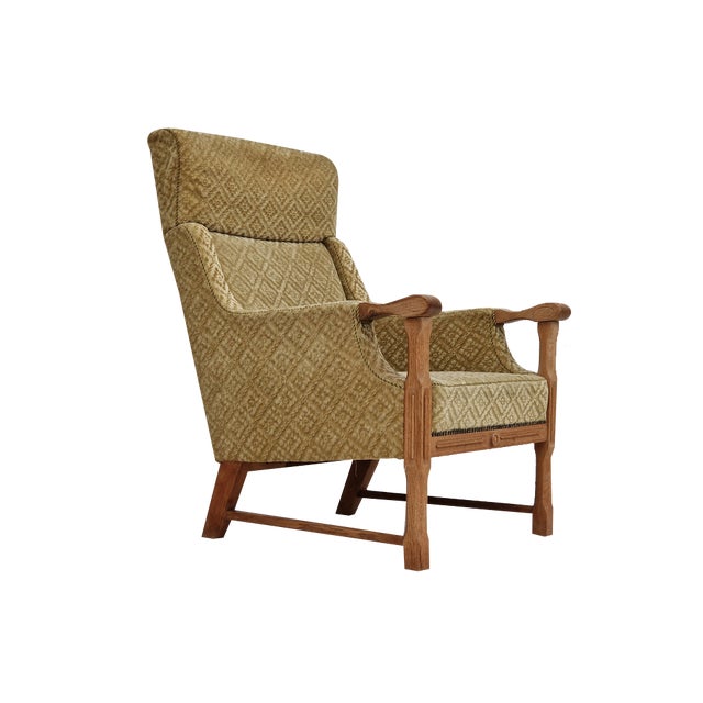 Vintage Danish Highback Armchair in Fabric and Oak, 1960s For Sale